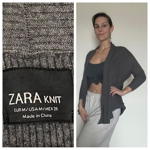 ZARA Cardigan Ribbed Drop Shoulder Sweater Gray Athleisure Medium Slouchy - Picture 2 of 7